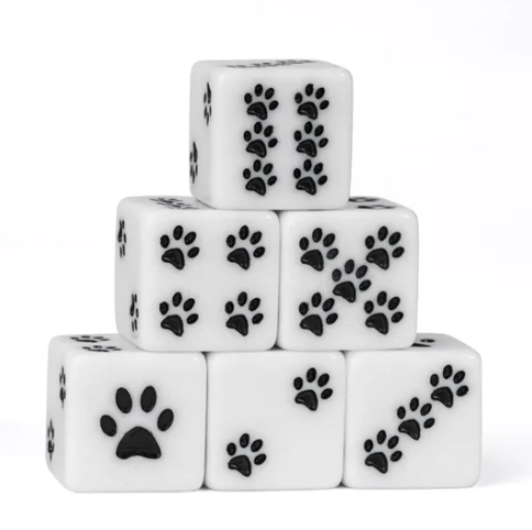 White Cat Paw Dice Opaque w/Black Paw Prints 16mm d6 Dice (sold per die) (Online Only)