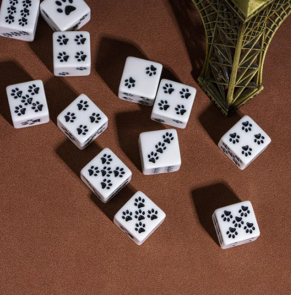 White Cat Paw Dice Opaque w/Black Paw Prints 16mm d6 Dice (sold per die) (Online Only)
