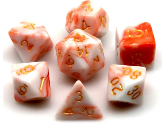 Kapok's Pain 7-Dice Set Off Red & White w/Gold Numbers Dnd Dice Set (Online Only)