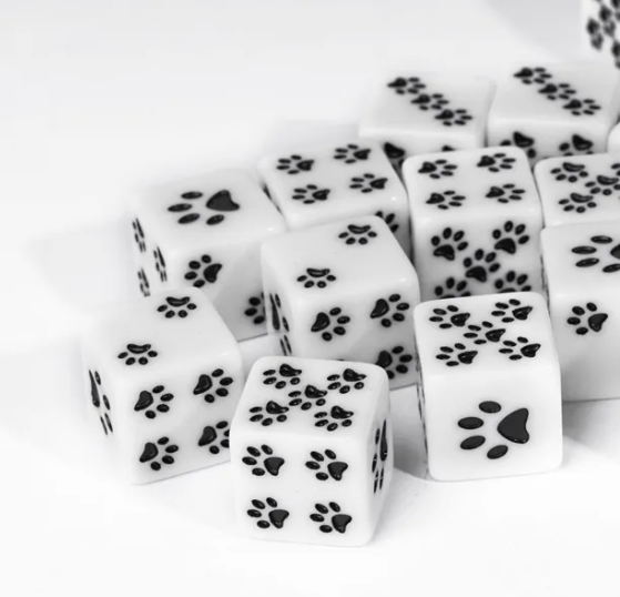 White Cat Paw Dice Opaque w/Black Paw Prints 16mm d6 Dice (sold per die) (Online Only)