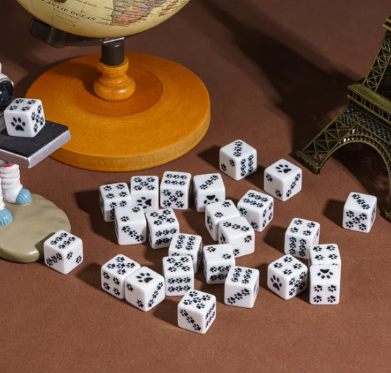 White Cat Paw Dice Opaque w/Black Paw Prints 16mm d6 Dice (sold per die) (Online Only)