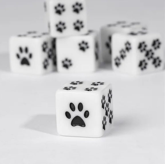White Cat Paw Dice Opaque w/Black Paw Prints 16mm d6 Dice (sold per die) (Online Only)