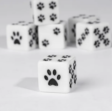 White Cat Paw Dice Opaque w/Black Paw Prints 16mm d6 Dice (sold per die) (Online Only)
