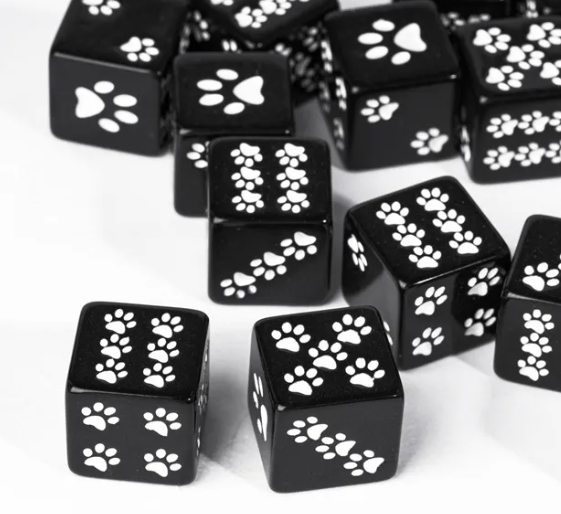 Black Cat Paw Dice Opaque w/White Paw Prints 16mm d6 Dice (sold per die) (Online Only)
