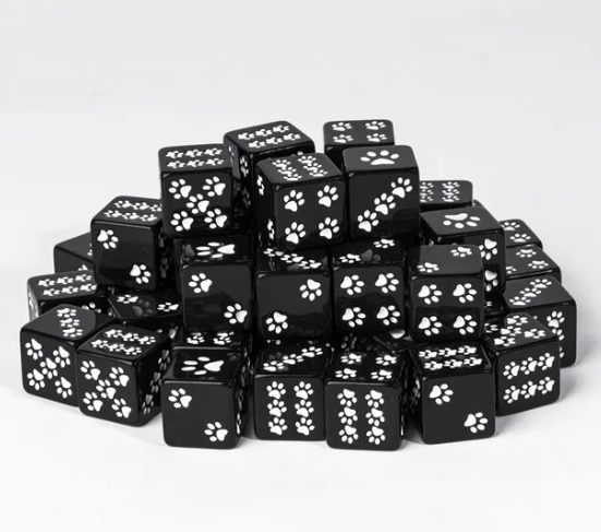 Black Cat Paw Dice Opaque w/White Paw Prints 16mm d6 Dice (sold per die) (Online Only)