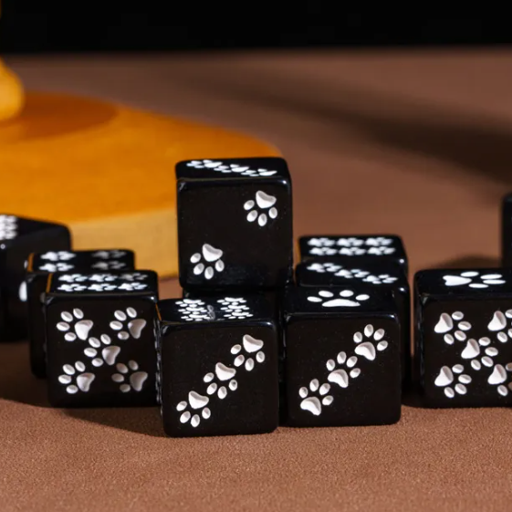 Black Cat Paw Dice Opaque w/White Paw Prints 16mm d6 Dice (sold per die) (Online Only)