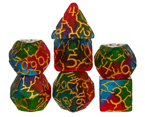 Mystic Aurora Crackle Nexus: 7-Dice RPG Set Translucent with Gold Crackle Effect (Online Only)