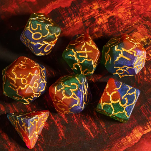 Mystic Aurora Crackle Nexus: 7-Dice RPG Set Translucent with Gold Crackle Effect (Online Only)