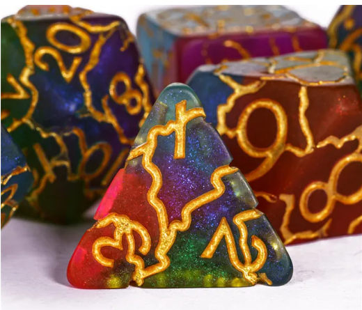 Mystic Aurora Crackle Nexus: 7-Dice RPG Set Translucent with Gold Crackle Effect (Online Only)