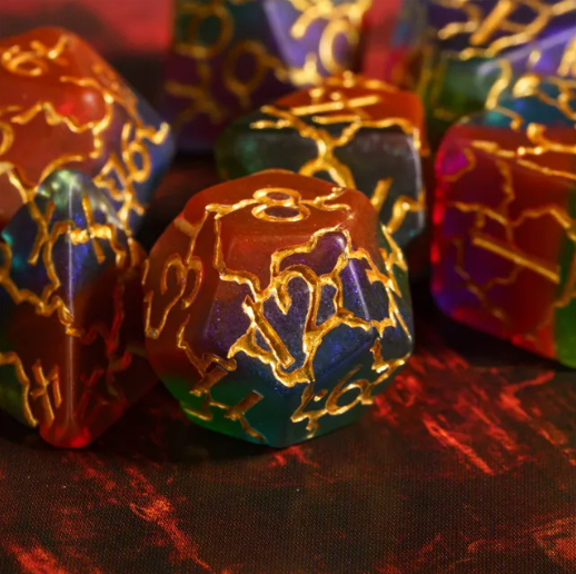 Mystic Aurora Crackle Nexus: 7-Dice RPG Set Translucent with Gold Crackle Effect (Online Only)