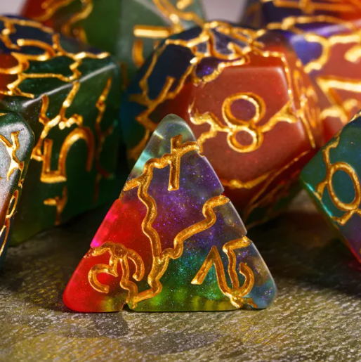 Mystic Aurora Crackle Nexus: 7-Dice RPG Set Translucent with Gold Crackle Effect (Online Only)