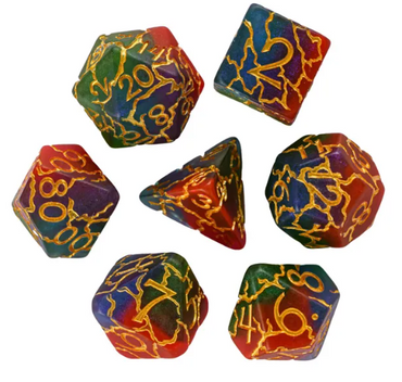 Mystic Aurora Crackle Nexus: 7-Dice RPG Set Translucent with Gold Crackle Effect (Online Only)