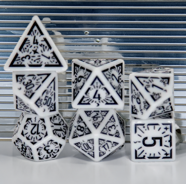 Arcane Obsidian Glyph Polyhedral Dice Set | 7-Dice White & Black (Online Only)