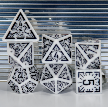 Arcane Obsidian Glyph Polyhedral Dice Set | 7-Dice White & Black (Online Only)