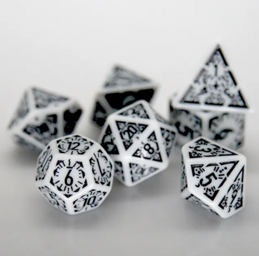 Arcane Obsidian Glyph Polyhedral Dice Set | 7-Dice White & Black (Online Only)