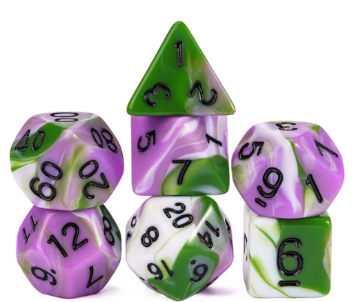 Aasimar's Pain 7-Dice Set Blended Green/Purple/White w/Black Numbers Dnd Dice (Online Only)