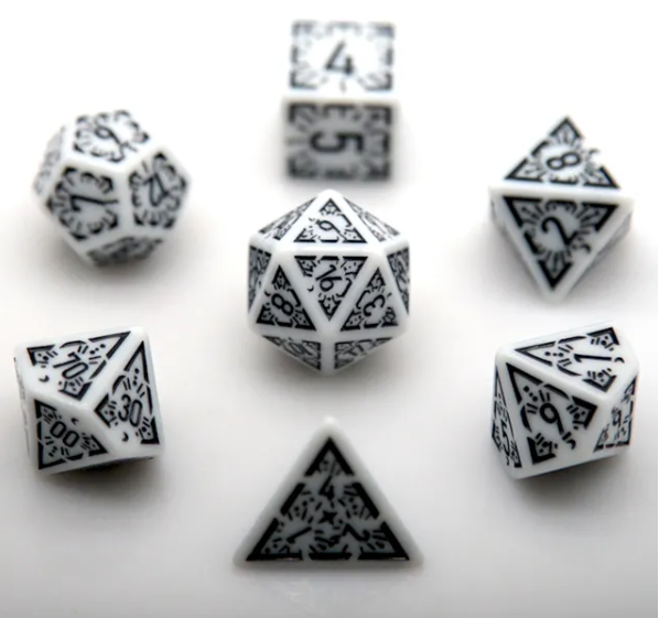 Arcane Obsidian Glyph Polyhedral Dice Set | 7-Dice White & Black (Online Only)