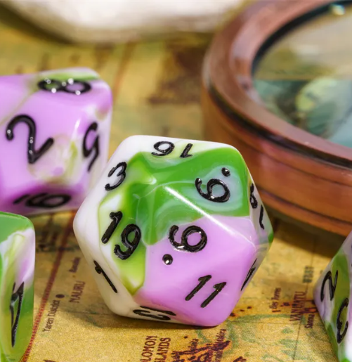 Aasimar's Pain 7-Dice Set Blended Green/Purple/White w/Black Numbers Dnd Dice (Online Only)