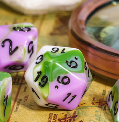 Aasimar's Pain 7-Dice Set Blended Green/Purple/White w/Black Numbers Dnd Dice (Online Only)