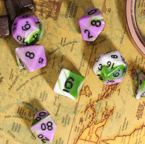 Aasimar's Pain 7-Dice Set Blended Green/Purple/White w/Black Numbers Dnd Dice (Online Only)