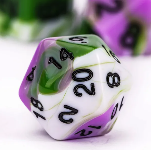 Aasimar's Pain 7-Dice Set Blended Green/Purple/White w/Black Numbers Dnd Dice (Online Only)