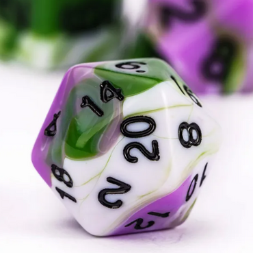 Aasimar's Pain 7-Dice Set Blended Green/Purple/White w/Black Numbers Dnd Dice (Online Only)