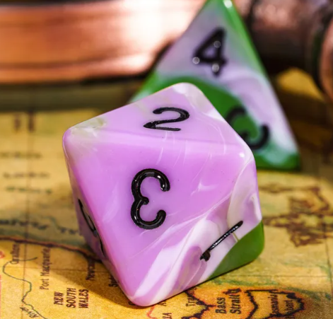 Aasimar's Pain 7-Dice Set Blended Green/Purple/White w/Black Numbers Dnd Dice (Online Only)
