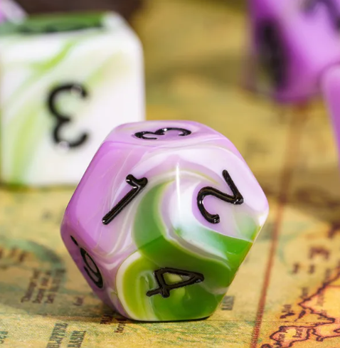 Aasimar's Pain 7-Dice Set Blended Green/Purple/White w/Black Numbers Dnd Dice (Online Only)