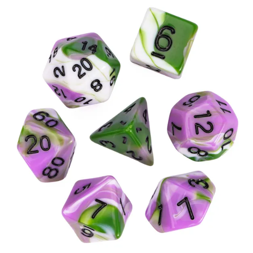 Aasimar's Pain 7-Dice Set Blended Green/Purple/White w/Black Numbers Dnd Dice (Online Only)