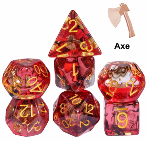 Translucent Red & Clear Barbarian-Style 7-Dice Set Gold Axe Inside (Online Only)