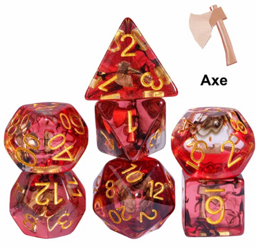 Translucent Red & Clear Barbarian-Style 7-Dice Set Gold Axe Inside (Online Only)