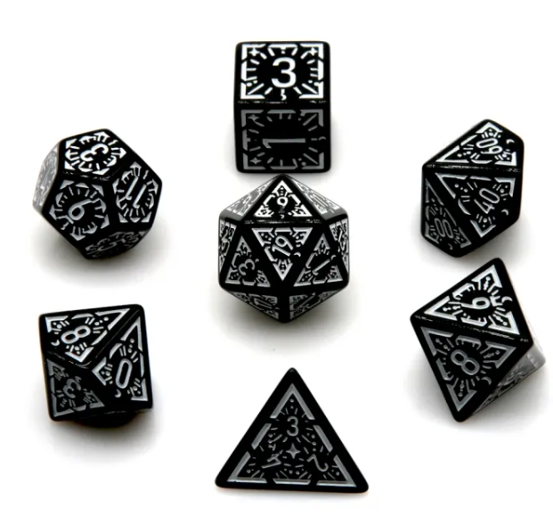 Arcane White Glyph Polyhedral Dice Set | 7-Dice Black & White (Online Only)