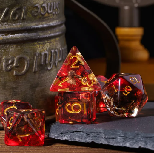 Translucent Red & Clear Barbarian-Style 7-Dice Set Gold Axe Inside (Online Only)