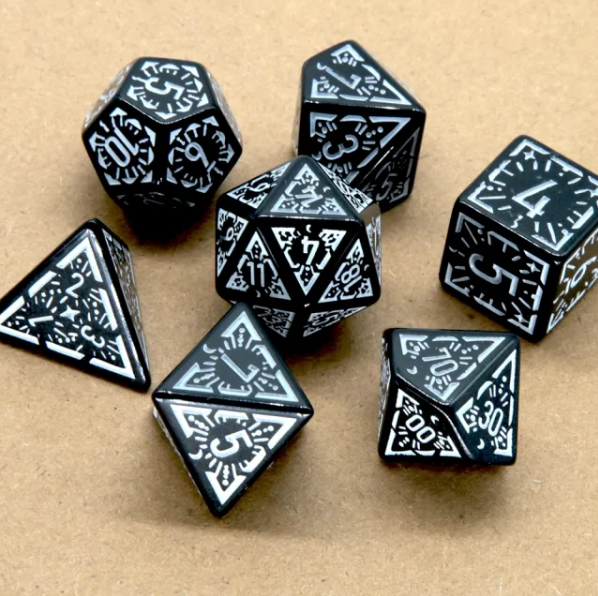Arcane White Glyph Polyhedral Dice Set | 7-Dice Black & White (Online Only)