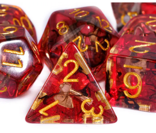Translucent Red & Clear Barbarian-Style 7-Dice Set Gold Axe Inside (Online Only)