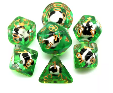 Football Themed 7-Dice Set Green w/ Soccer Ball Inside w/Gold Dnd Dice (Online Only)
