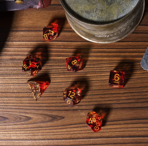 Translucent Red & Clear Barbarian-Style 7-Dice Set Gold Axe Inside (Online Only)