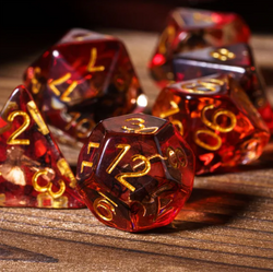 Translucent Red & Clear Barbarian-Style 7-Dice Set Gold Axe Inside (Online Only)