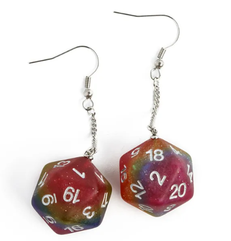 Rainbow Glitter Dice Earrings: D20 Dice Spinning Colors Nerdy RPG Jewelry (Online Only)