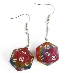 Rainbow Glitter Dice Earrings: D20 Dice Spinning Colors Nerdy RPG Jewelry (Online Only)
