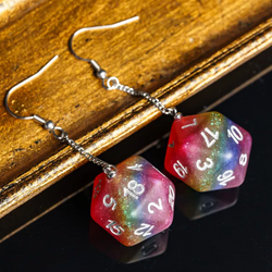 Rainbow Glitter Dice Earrings: D20 Dice Spinning Colors Nerdy RPG Jewelry (Online Only)