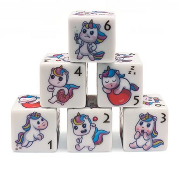 (White) Unicorn Dice | Printed d6 Dice Featuring Fantasy Animal Numbered (Online Only)