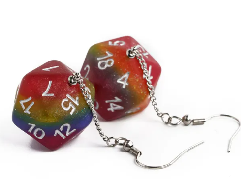 Rainbow Glitter Dice Earrings: D20 Dice Spinning Colors Nerdy RPG Jewelry (Online Only)