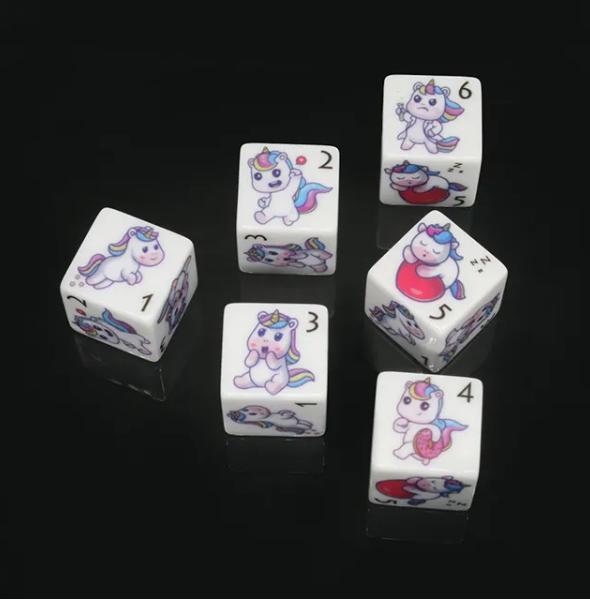 (White) Unicorn Dice | Printed d6 Dice Featuring Fantasy Animal Numbered (Online Only)