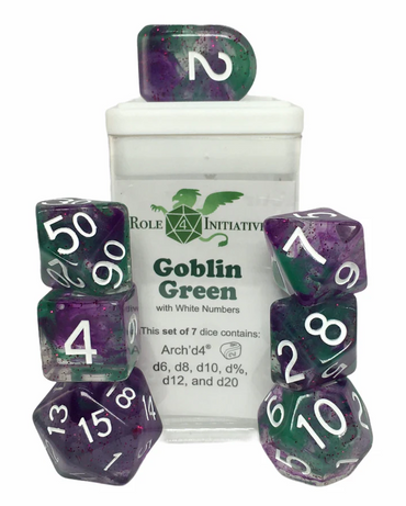 Goblin Green | 7-Dice Set Purple & Green Glitter Role4Initiative (Online Only)