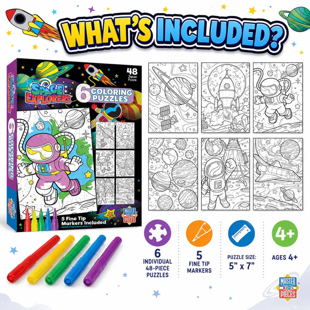 Space Explorers Coloring Puzzles 6-Pack - 48 Piece Puzzles