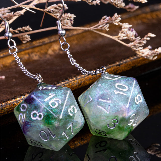 Glitter Green Dice Earrings: D20 Dice Spinning Colors Nerdy RPG Jewelry (Online Only)