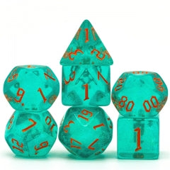 Blue/Teal Glitter Party Dice (Red/Orange font) 7-Dice Set RPG DND (Online Only)