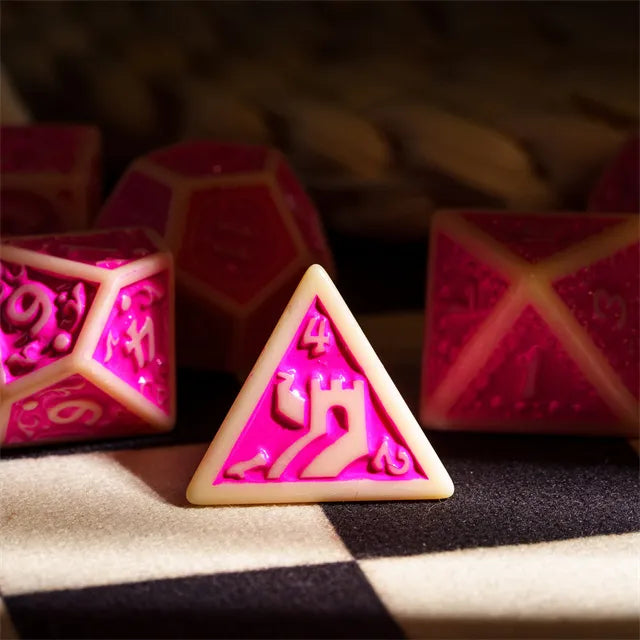 Off-White with Pink Irregular Pattern Fill: 7-Piece Acrylic Dice Set (Online Only)