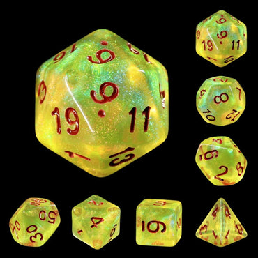 Lemon Yellow Glitter with Red Numbering 7-Dice Set RPG (Online Only)